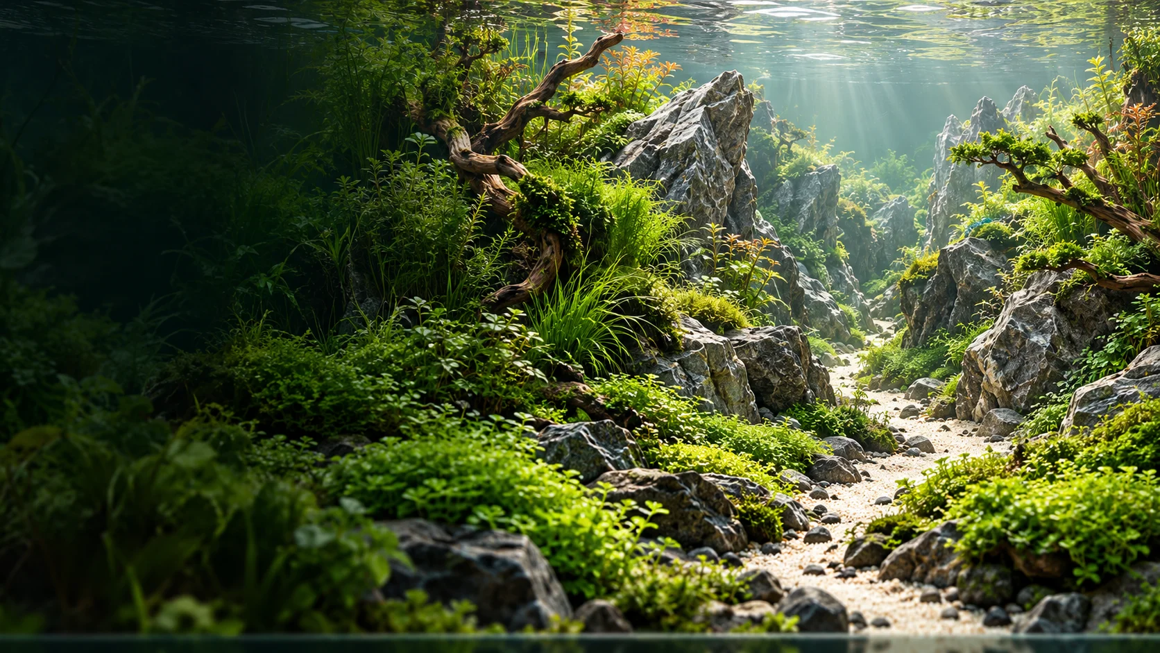 Original concept artwork of a lush planted aquarium, river stones and a winding sand path