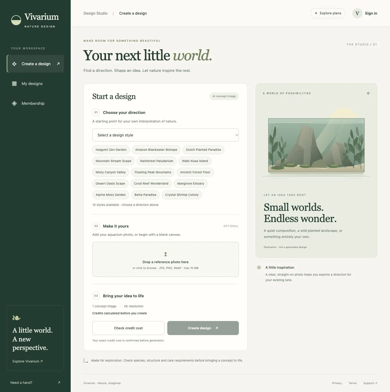 The Vivarium web studio: style selection, optional reference upload and credit review